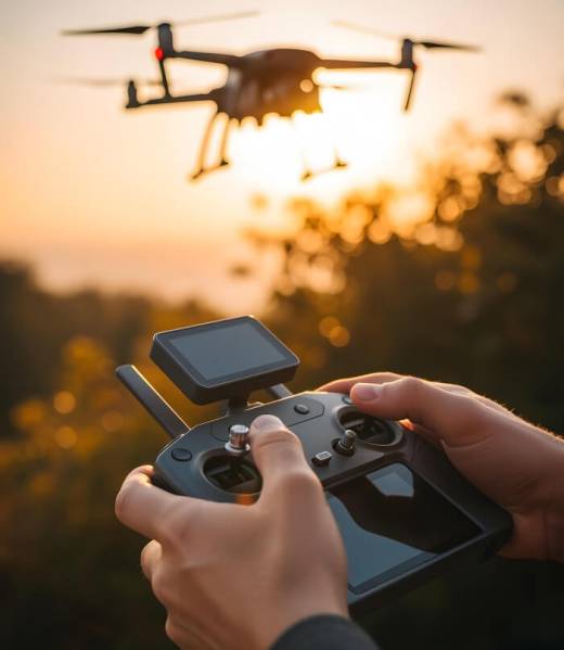 Drone flying in sunset, remote control in hands