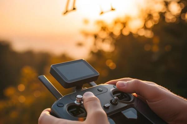 Drone flying in sunset, remote control in hands