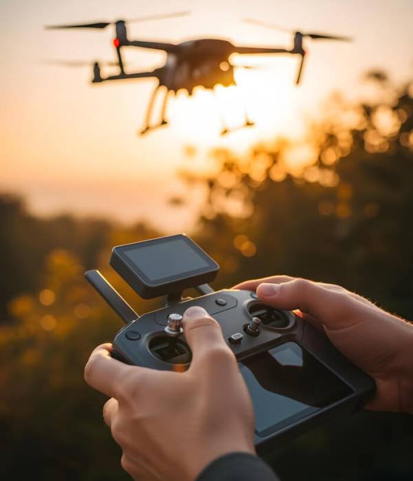 Drone flying in sunset, remote control in hands